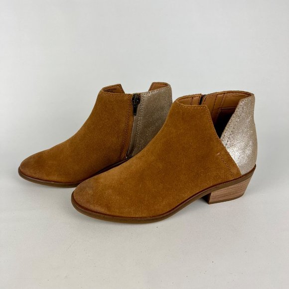 Frye Caden Womens Suede Notched Ankle Bootie Cognac Tan Metallic Heel size 6 - Picture 3 of 16